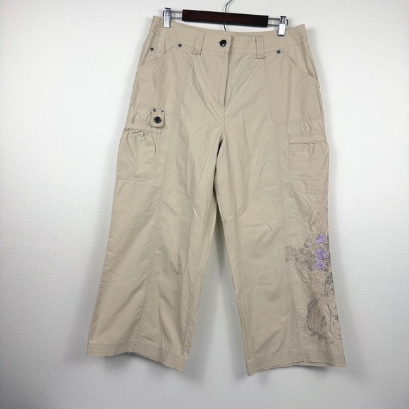 Bernardo Pants - Bernardo Embroidered Floral Khaki Cargo Pants Size 12 Boho Utility Gorpcore Crop